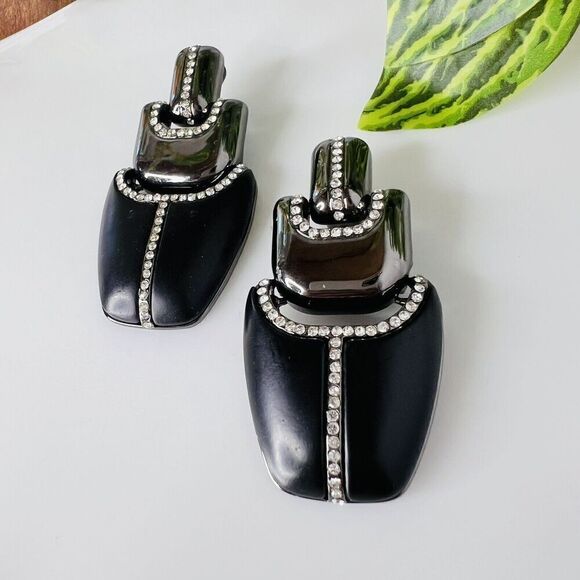 Kara Ross Black Label by Chico’s Huge Black Gunmetal Crystals Clip On Earrings - Picture 6 of 9